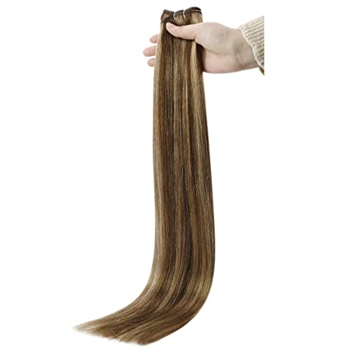 Image of Full Shine Invisible Weft Hair Extensions 120G 20 Inch Add Volume For Women | sew in Hair Extensions, Medium Brown Highlight Honey Blonde, Remy Hair Weft, Party Wear, Date Night