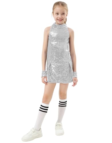 Girls Sequins Dance Outfit Dress Kids Sparkle Jazz Singer Star Costume Top Shorts 4PCS Set 12-14 Years Silver