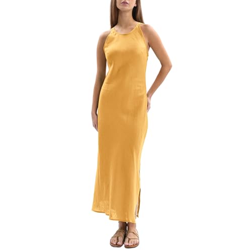 Amazhiyu Leinenkleider Damen Sommer, Leinen Maxikleid Sommerkleid Ärmellos Bodycon Kleid Damenkleider Strandkleid Lang Mit Schlitz, Gelb, S