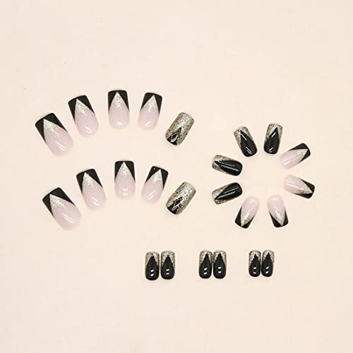 24 Pcs Black Press On Nails Medium Fake Nails Bevel Edge French Tip False Nails With Glue Gold Glitter Glue On Nails Artificial Acrylic Nails Square Stick On Nails For Women Girls #TOP3