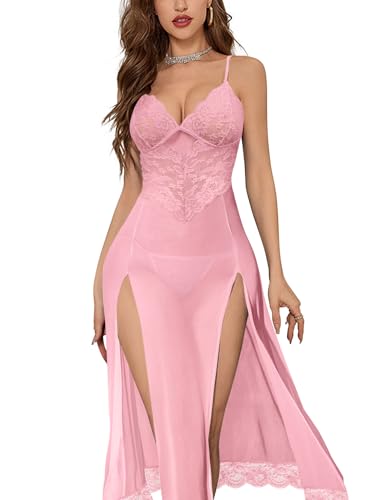 Image of Foxiny Sexy Split Mesh Lace Floral Sheer Babydoll Lingerie Outfit Dress 2 Piece with Thong Set