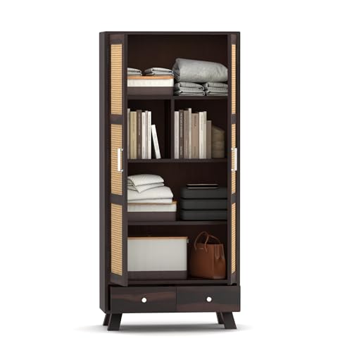 Image of Solid Wood 2 Door Wardrobe with Cane Design | Wooden Almirah with Storage Drawer | Modern Vintage Cupboard for Bedroom & Living Room (Walnut Finish)