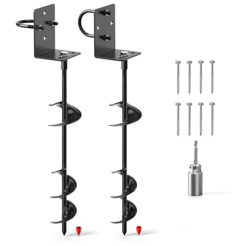 Ground Anchors, Flymer Multi-Purpose Ground Stakes Screw in, 16 in Earth Anchor Kit for Shed, Carport, Gazebo, Trampoline, Swing Set, 2 Pcs Cover