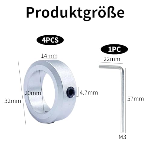 SHYSBV 4 Stück Stellringe 20mm für Achse und Welle, 20x32x14mm mit Stellschraube, aus verzinktem Stahl inkl. Innensechskantschlüssel