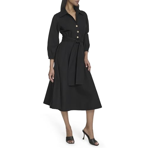 H HALSTON Women's Cotton Poplin Waist Tie Fit & Flare Dress3