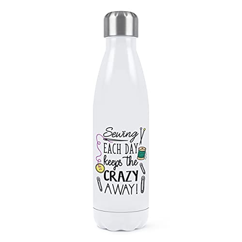Costura Cada Día Mantiene El Loco Lejos Doble Pared Agua Botella Aislado Acero Inoxidable SPORTS Bebidas 500ml Blanco