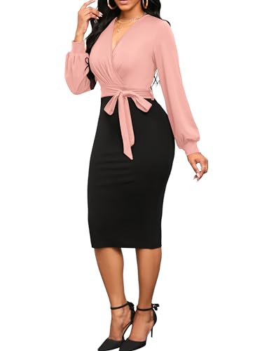 Runwind Women's Work Bodycon Pencil Dress Long Sleeve with V-Neckline Design and Belt2