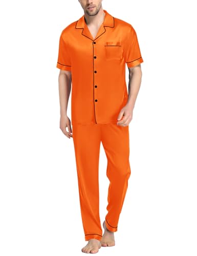 Image of SWOMOG Mens Satin Pajama Set Short Sleeve Classic Sleepwear Button Down Silky Loungewear with Long Pants