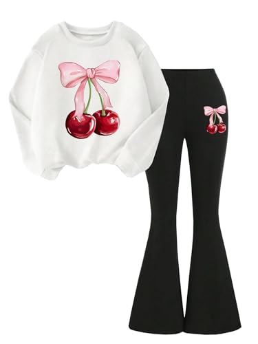 Image of Girls 2 Piece Outfits Long Sleeve Crew Neck Bow Sweatshirt Top and Flare Pants Set