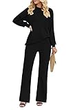 Women 2 Piece Plus Size Side Slit Ribbed Sweater Ribbed Pullover Top Long Wide Leg Pants Loungewear
