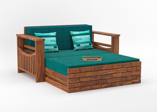 Image of Solid Sheesham Wooden Sofa Cums Bed with Mattresses for Living Room | Rosewood 2 Seater Sofa Cums Bed for Bedroom Without Pillow (C-Natural Finish)