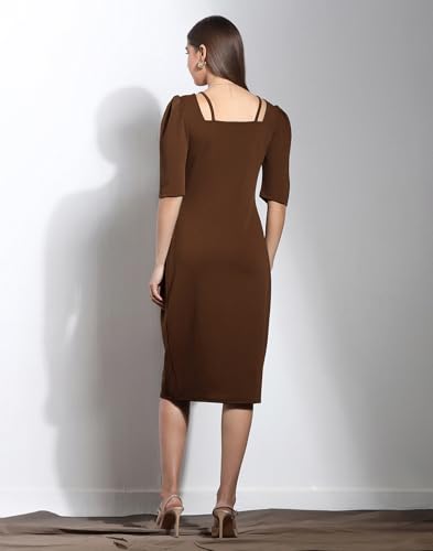 Image of Selvia Brown Puff Sleeve Square Neck Bodycon Dress