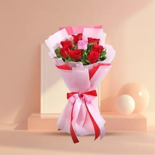 FLORANET Beautiful bouquet Of Pretty 10 Pink Roses Wrapped to Spread Joy and Heartfelt Love For Anniversary, Birthday, Wedding Gift, Congratulations Gift, Mother's Day Gift (Same Day Delivery)-image-37