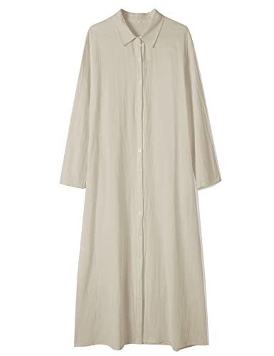 Image of Ladyful Women's Cotton Linen Maxi Shirt Dress Long Sleeve Button Down Shirtdress Beach Summer Dress Pockets