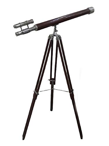 Collectible Nautical Chrome Finish Double Barrel Wooden Telescope Tripod Stand Rustic Vintage Home Decor Gifts