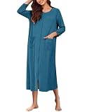 Ekouaer Zipper Robes for Women Ribbed Knit Bathrobe Lightweight Full Length Loungewear with Pockets Blue,3XL