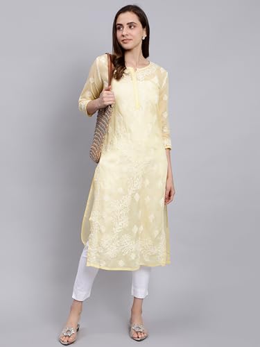 Image of Seva Chikan Hand Embroidered Lucknowi Chikankari Terivoil Cotton Regular Fit Straight Kurta for Women SCL4351
