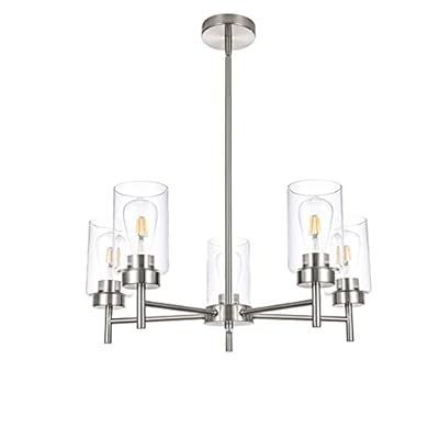 A1A9 5-Light Farmhouse Chandelier for Dining Room Kitchen Island, Modern Chandeliers Brushed Nickel Pendant Lighting Fixtures with Clear Glass Shades for Living Room, Bedroom, Foyer (Nickel)