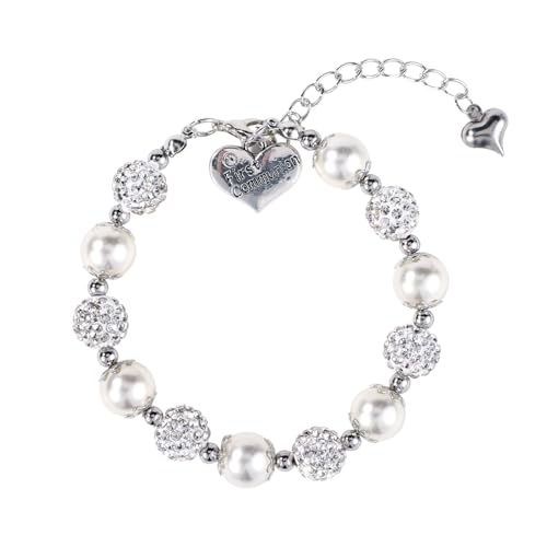 First Communion Bracelet, Pearl and Rhinestone Charm Bracelet with Heart Rosary Pendant 1st Holy Communion Bracelet Handmade for Christian Catholic Baptism Gifts Jewelry (Silver)