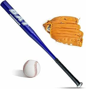 D.I.L Baseball Bat Set, 32 Inch Aluminum Metal Bat with 10.5 Inch Leather-Style Glove and Ball, for Teens and Adults, Red, Blue, Black, Silver (Blue)