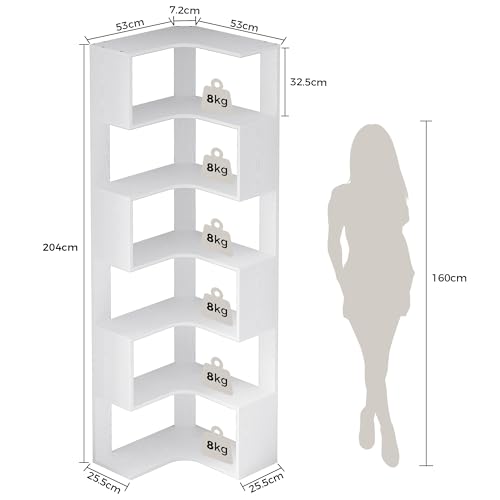 IRONCK Bücherregal 6 Ebenen Eckregal 204cm Hoch L-förmiges Standregal mit Schutzleiste, Holz offenes Regal & Aufbewahrungsregal für Wohnzimmer, Büro, Schlafzimmer, Weiß
