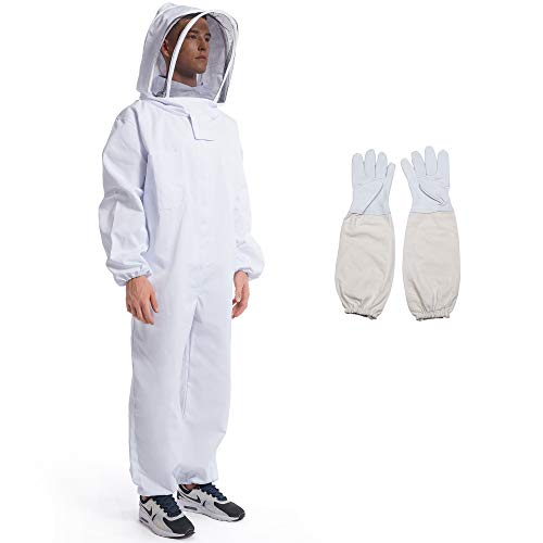 Beekeeping Piarist Suit/Jacket with Sheepskin Gloves& Ventilated Fencing Veil, Full Body Protective Bee Keeper Outfit for Professional & Beginner (3 Sizes,L,XL,XXL)