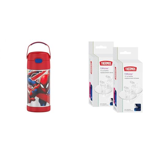 THERMOS FUNTAINER 12 Ounce Stainless Steel Vacuum Insulated Kids Straw Bottle, Spider-Man & FUNtainer 12 Ounce Insulated Kids Water Bottle Replacement Straws, 2 Pack