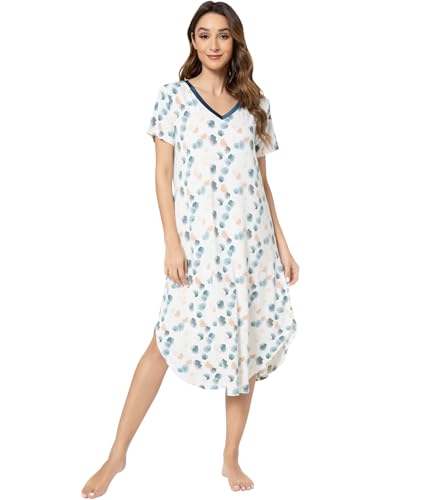 Image of NACHILA Nightgowns for Women-Viscose Made from Bamboo, V Neck Sleepshirts Short Sleeve Sleepwear Cool Nightshirt