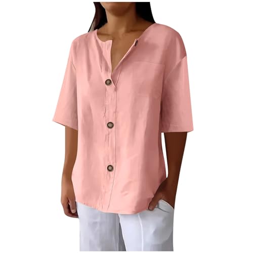 Camisas de lino para mujer, de manga corta, cuello redondo, estilo casual, con botones, de algodón, con bolsillos, para salir, vacaciones, cómodas, básicas, rosa, S