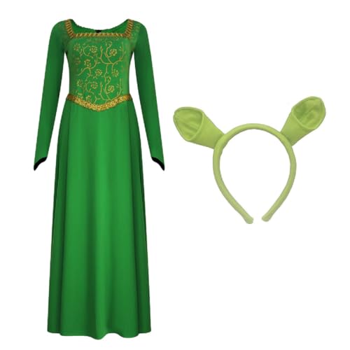 AYYOHON Fiona Kostüm für Damen, Prinzessinnen-Fiona-Kleid, für Erwachsene, lange Ärmel, grünes Kleid mit Stirnband, für Halloween, Cosplay, Größe S
