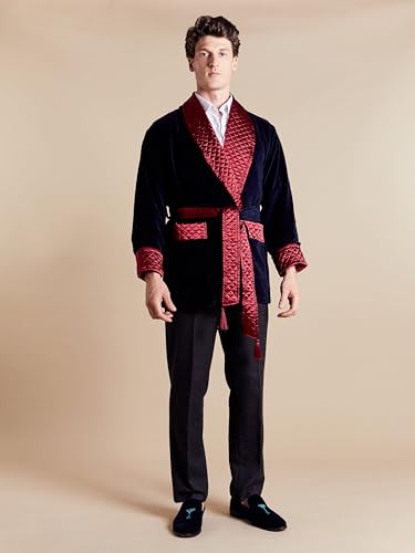 Cliveden British Short Velvet Navy Smoking Jacket - Burgundy Piping (XL)3