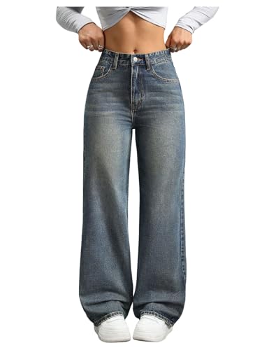SOLY HUX Women's Retro Straight Leg Jeans High Waisted Y2K Baggy Boyfriend Denim Pants Streetwear