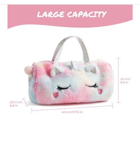 Kids Unicorn Duffel Bag - Rainbow Tie Dye Plush Overnight Weekender Bag for Girls, Cute Furry Travel Tote with Shoulder Strap Birthday Gift2