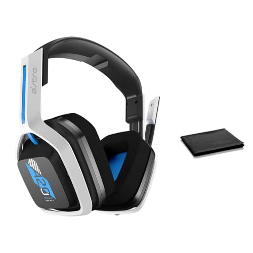 ASTRO Gaming A20 Gen 2 Wireless Headset – White/Blue – Compatible with PS5, PS4, Windows, Mac – 2.4GHz USB Transmitter, Flip-to-Mute Mic, Long Battery Life, Comfortable Fit, W/Cloth, Bulk Packaging