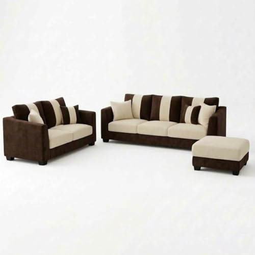 Image of Revo Plush Comfort Sofa Set | 3 Seater + 2 Seater with Ottoman | Luxury Velvet Suede Fabric | Modern Living Room Sofa | Dark Brown - Cream