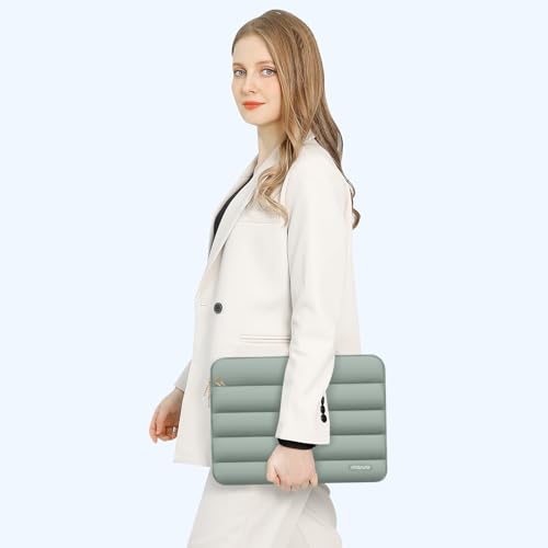 Image of MOSISO 13-14 inch Laptop Case, 13.3 inch Puffy Laptop Sleeve Compatible with MacBook Air 13 13.6 M3 M2 M1 /Pro 13 /Pro 14, HP, Dell, ASUS, Lenovo, Polyester Horizontal Bag with Small Case, Antique Green