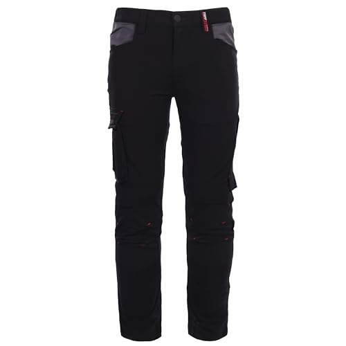 TuffStuff - Evo Flex Trousers, Black - 32" Waist, Long 32.5" Length - Slim Fit, 4-Way Stretch & Part Elasticated Waist - with Reinforced Kneepad Pockets, Cargo & Rule Pocket - Heavy Duty Workwear