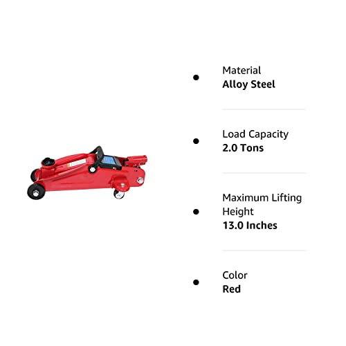Mountain 22007 2 Ton Automotive Trolley Floor Jack For Garages, Repair Shops And Diy, Portable, Compact, 4,000 Lbs. Capacity, Hydraulic Lifting Range 5" - 13", Heavy Duty Steel, Safety Valve, Red #TOP7