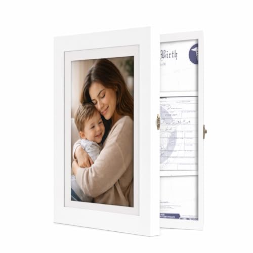 Image of Wooden Document Photo Frame with Storage, Certificate Holder Frame for Wall Mount & Tabletop | Memory Frame for Birth Certificate, Awards & Photos | Premium Finish ( White, Size 9.2X12.6 Inch )