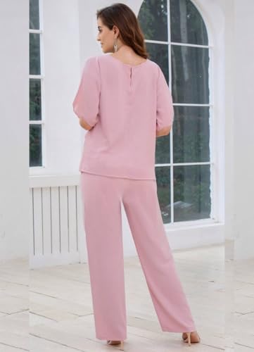 BONOYUER 2 Pieces Mother of The Bride Pant Suits for Women Dressy Chiffon Wedding Guest Pantsuits with Sleeves3