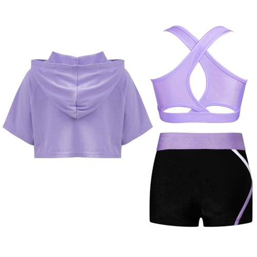 Kids Girls Sport Outfits Short Sleeve Hooded With Crop Tank Top And Short Set Pieces Workout Outfits2