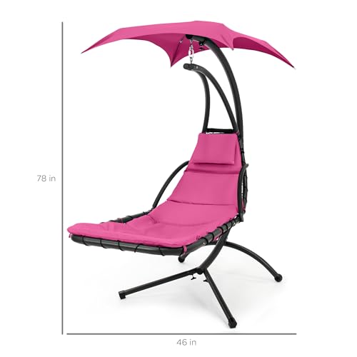 Best Choice Products Outdoor Hanging Curved Steel Chaise Lounge Chair Swing w/Built-in Pillow and Removable Canopy - Pink