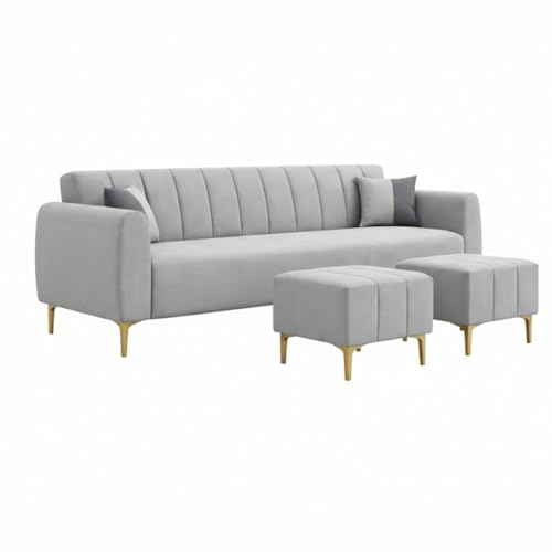 Image of Habibi 5 Seater L Shape Sofa Set with 2 Movable Ottomans | Flexible Layout | Rich Velvet Suede Fabric | Silver Legs | Modern Sofa for Living Room (Light Grey)