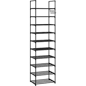 VTRIN 10 Tiers Narrow Shoe Rack 20-25 Pairs Shoe and Boots Organizer Storage Sturdy Shoe Shelf, Tall Shoe Rack for Entryway, Black Shoe Organizer for Closets with 5 Hooks