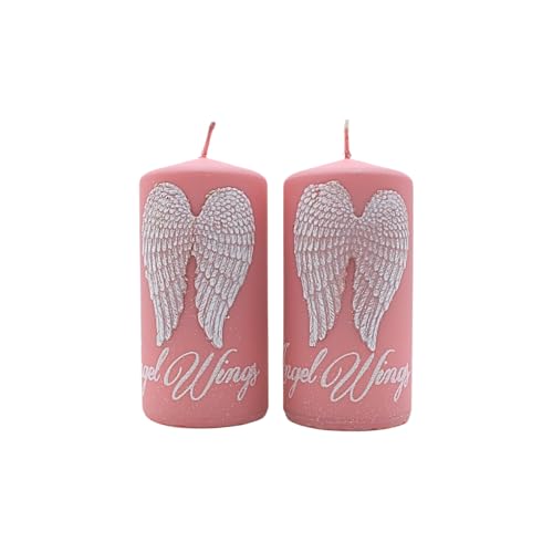 Juego de 2 velas de pilar, velas de conformación, velas de cera, velas de cera con alas de ángel, velas de ángel de la guarda rosa pálido con diseño de alas de ángel, contenido del envío: 2 unidades