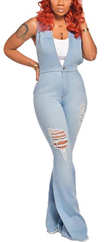 SeNight Distressed Overalls for Women Denim Bib Pants Rompers with Pockets Overall Loose Jeans