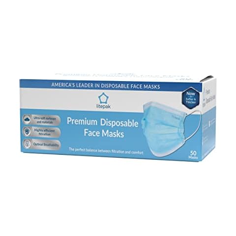 50pcs Litepak Disposable Face Mask Thickness Comfort Earloops (Sky Blue, 50 Masks (1 Box)) Cover