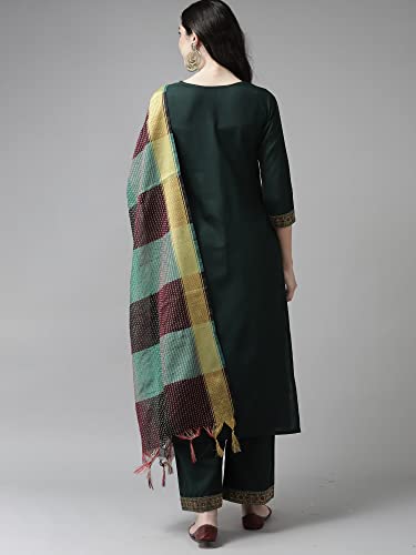 Image of INDO ERA Women's Cotton Blend Yoke Design Straight Kurta with Pant & Dupatta Set