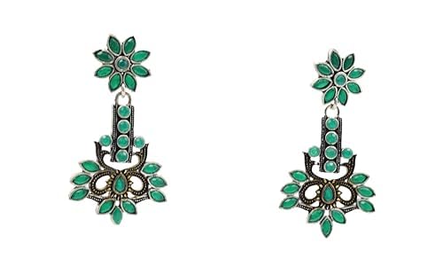 Glamzind German Silver Dual Tone Long Peacock Jumka for Women | Indian Jewelry with Intricate Silverwork | Handcrafted Ethnic Accessories (Green)