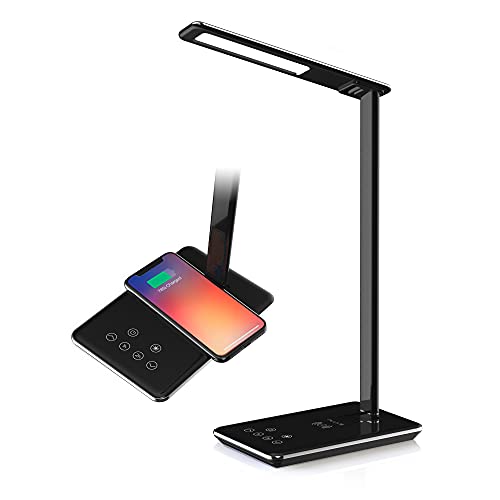 FLUX'S - Lámpara Escritorio LED con Carga Inalámbrica Wireless y Puerto USB, Flexo de Lectura con 4 Modos y 10 Niveles de Brillo, Control Táctil Regulable y Temporizador, Bajo Consumo (Negro)